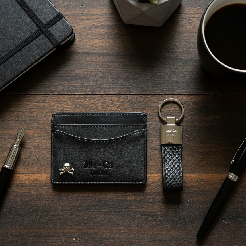 Black leather wallet and keychain on a wooden surface with a coffee cup and notebook.
